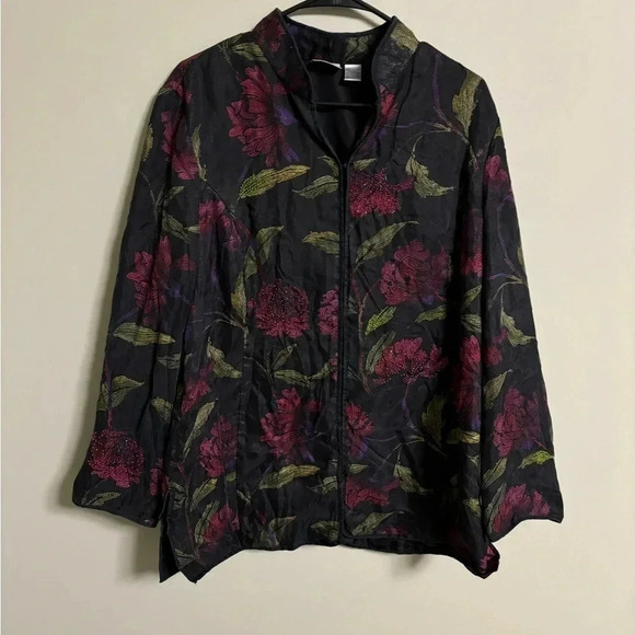 Chico’s Size 2 (Large) Silk Jacket Haori Black Floral Long Sleeves Beaded - Picture 1 of 9